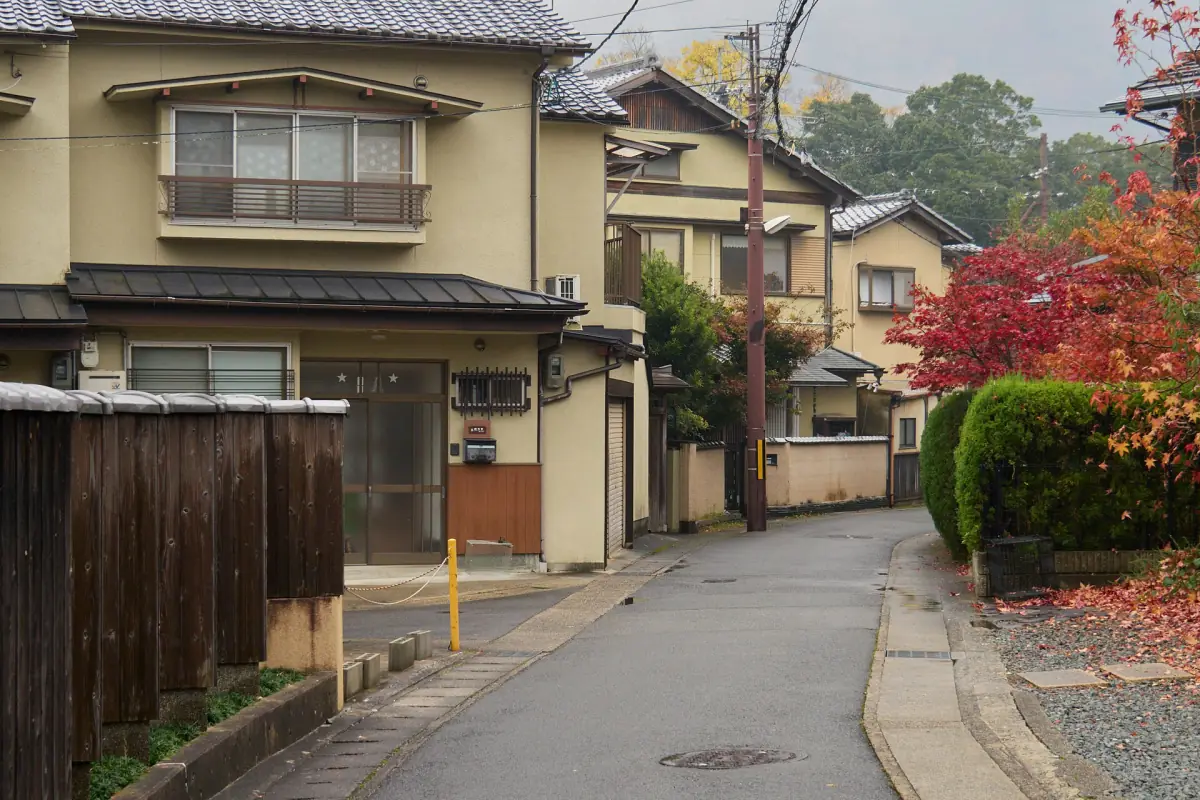 A quiet street with traditional houses