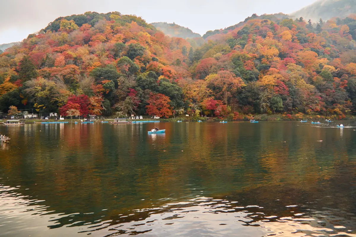 Rowing boats on the river below autumn hills