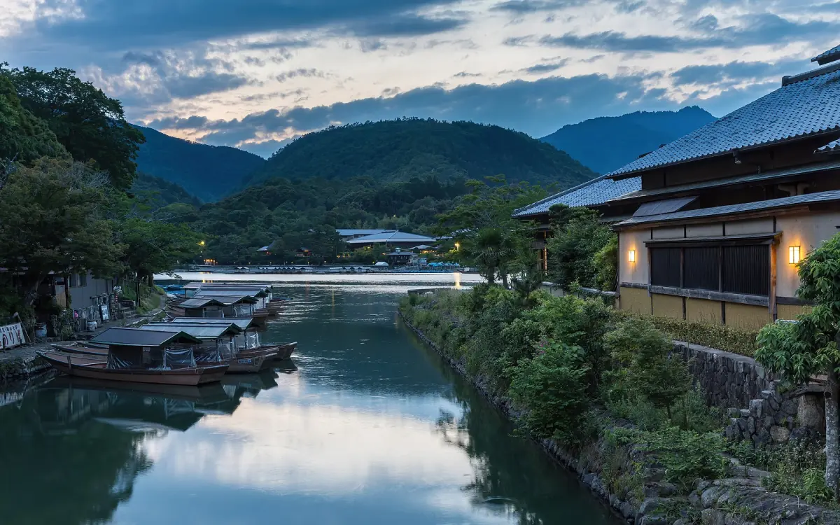 Wooden boats on the Katsura River in the evening