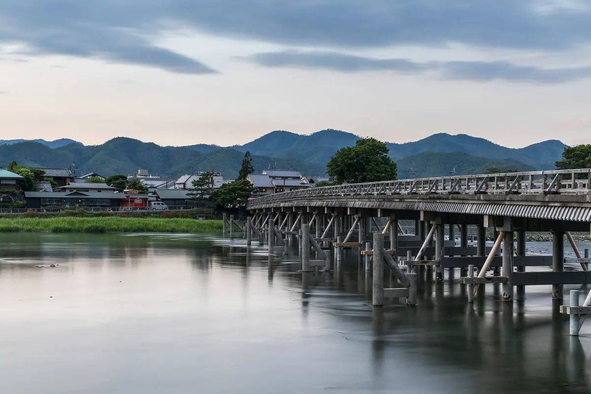 Togetsukyō Bridge over the Katsura River at dusk